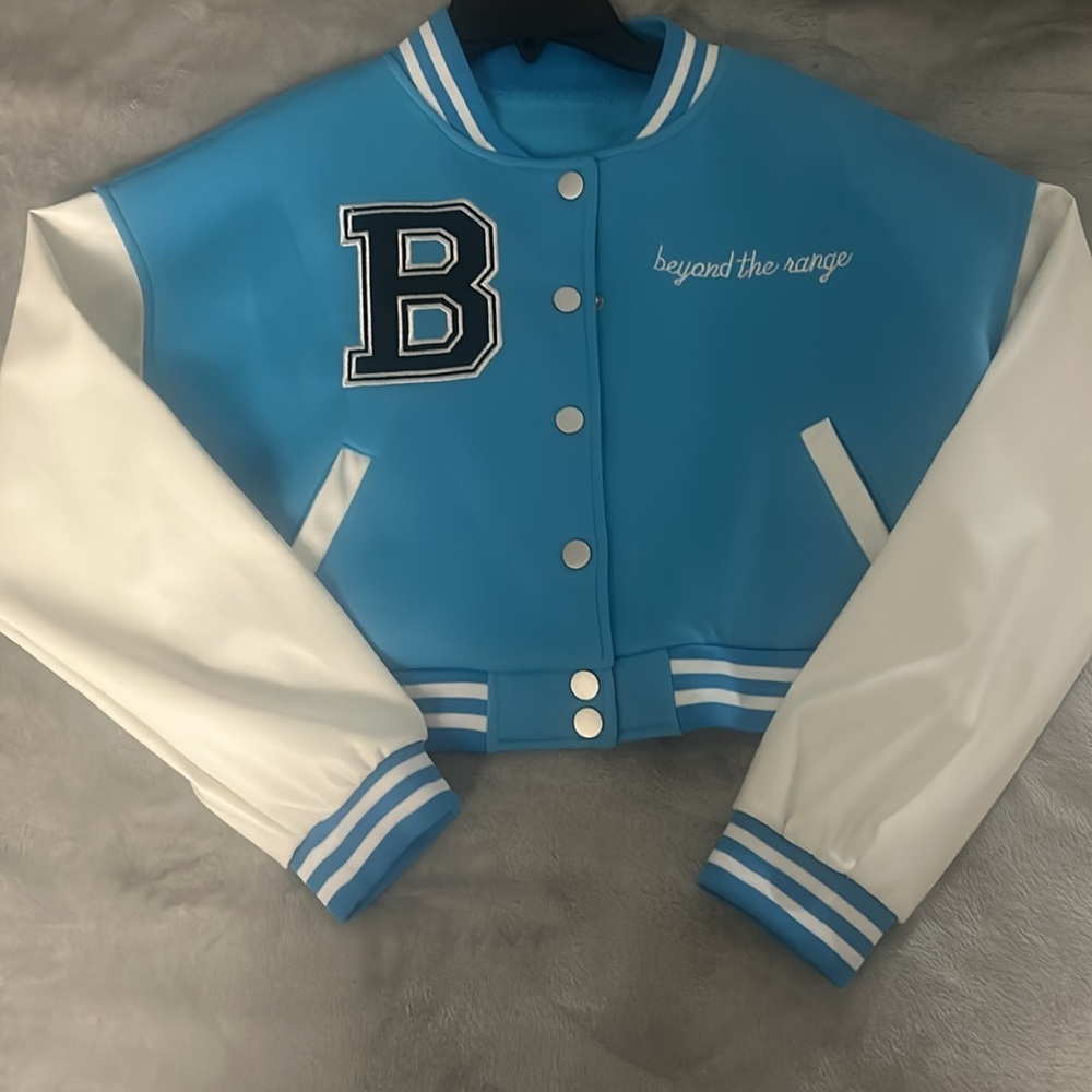 blue cropped letterman jacket